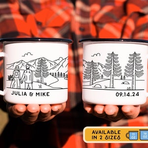 Bride & Groom Mountain Wedding Mug, Personalized Elopement, Engagement, or Anniversary Camping Cup, Unique Retro Custom Valentine's Day Gift