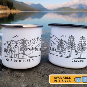 Personalized Wedding Gift, Bride & Groom Mountain Romantic Enamel Mug, Unique Engagement Newlywed Anniversary Present for Outdoorsy Couple