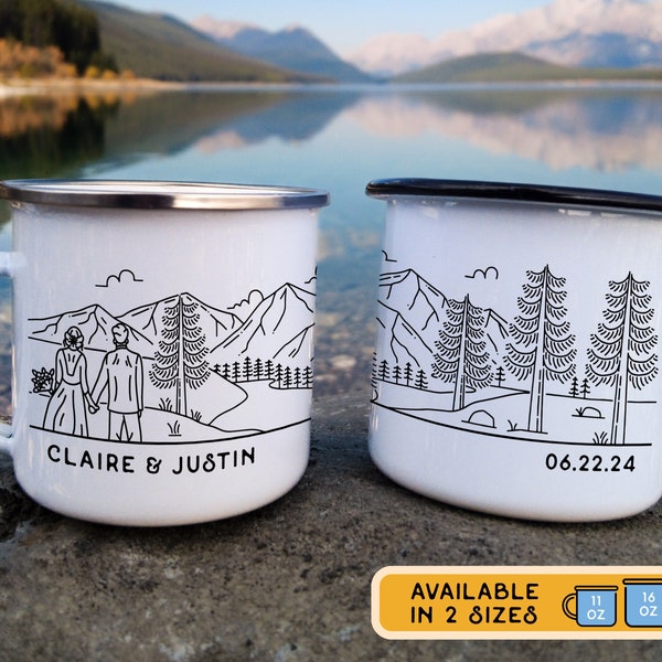 Bride & Groom Mountain Wedding Gift, Personalized Romantic Enamel Mug, Novelty Engagement Newlywed Anniversary Present for Outdoor Lovers