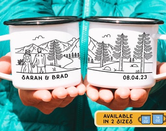 Personalized Wedding Gift Mountain Enamel Mug, Engagement Newlywed Anniversary Gift, Unique Elopement Camping Cup, Custom Couples Valentines