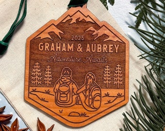 Personalized Hiking Couple Christmas Ornament, National Park Xmas Gift, Unique Custom Outdoors Gifts for Hikers, Happy Campers, Engaged