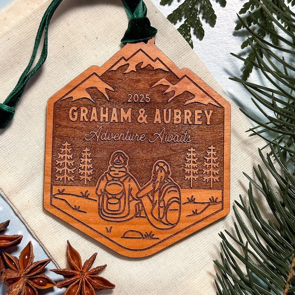 Personalized Hiking Couple Christmas Ornament, National Park Xmas Gift, Unique Custom Outdoors Gifts for Hikers, Happy Campers, Engaged