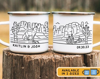 Personalized Howling Coyote Enamel Mug, Desert Mountain Landscape Scene Retro Cup for Road Trip Camping Adventure, Unique Gift for Couples
