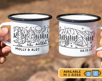 Personalized Waterfall Campsite & Bear Enamel Mug, Custom Camping or Backpacking Campfire Cup, Outdoor Gift for Valentines or Galentines Day