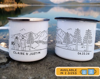 Bride & Groom Mountain Wedding Gift, Personalized Romantic Enamel Mug, Novelty Engagement Newlywed Anniversary Present for Outdoor Lovers