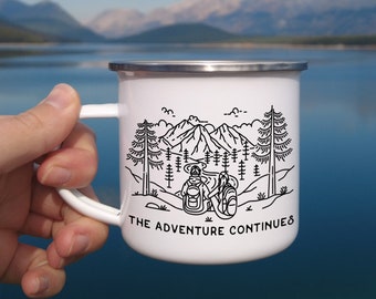 Personalized Mountain Hiking Couple Enamel Mug, Custom Romantic Outdoor Gift, Unique Gifts for Hikers, Happy Campers, Engaged & Newlyweds