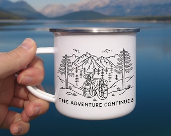 Personalized Mountain Hiking Couple Enamel Mug, Custom Romantic Outdoor Gift, Unique Gifts for Hikers, Happy Campers, Engaged & Newlyweds