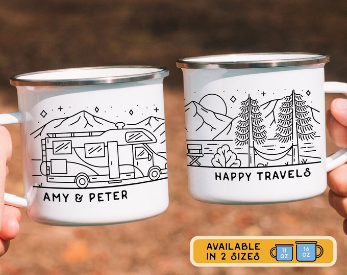 Personalized RV Motorhome Enamel Mug, Retro Camper Cup for Retirement Adventure Road Trip, Fun Unique Custom Keepsake for Retired Couple
