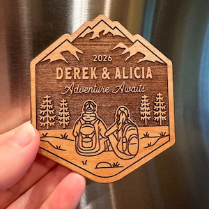 Personalized Hiking Couple Wood Magnet, National Park Couples Gift, Unique Custom Outdoors Gifts Hikers, Backpackers, Happy Camper, Newlywed