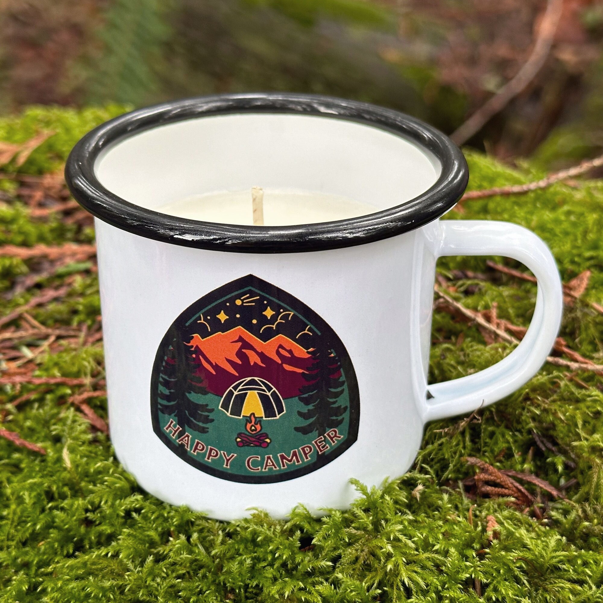 Happy Camper Candle, Enamel Mug 8oz Candle, Hiker Gift, Retro Camper Decor, Hiking Gift Candle, Camping Gift, Outdoor Enthusiast Gift
