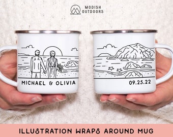 May include: Two white enamel mugs with black line drawings. One mug features a couple holding hands on a beach with the text "Michael & Olivia". The other mug features a mountain and beach scene with the date "09.25.22".