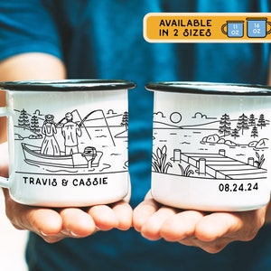 Personalized Fishing Couple Mug, Lake Wedding Enamel Gift, Custom Enamel Tin Anniversary Cup, Unique Engagement for Bride Groom Camping Fish