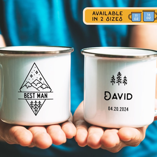 Groomsmen Gift, Best Man Groomsman Groom Camp Mug, Wedding Bridal Party Mountain Trees Adventure Campfire Enamel Cup