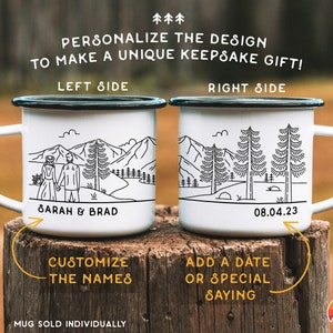 Personalized Wedding Gift Mountain Enamel Mug, Engagement Newlywed Anniversary Gift, Unique Elopement Camping Cup, Custom Couples Valentines image 2