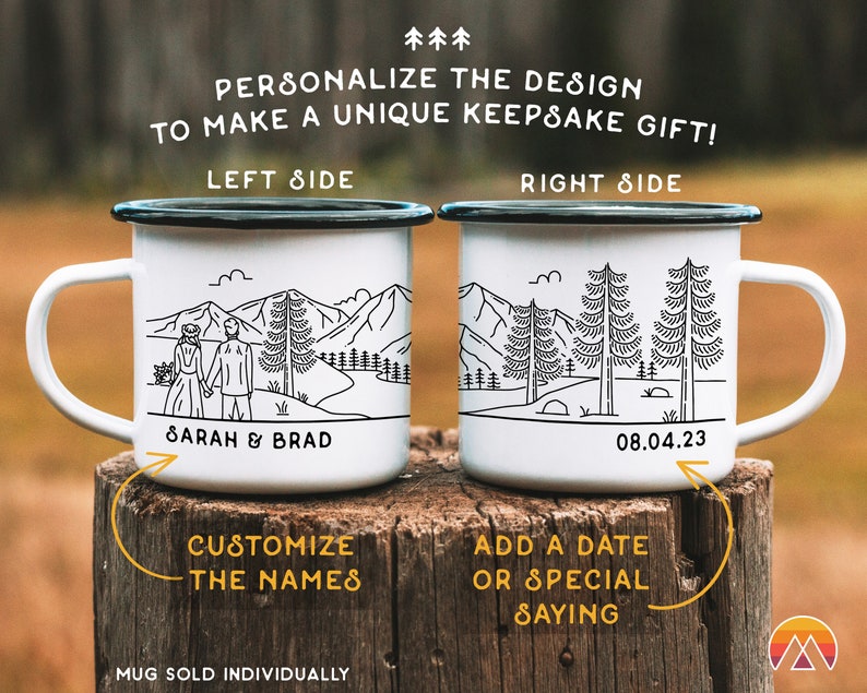 Personalized Wedding Gift Mountain Enamel Mug, Engagement Newlywed Anniversary Gift, Unique Elopement Camping Cup, Custom Couples Valentines image 2