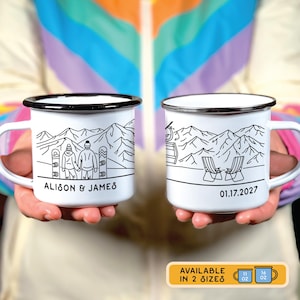 Snowboarding Couple Custom Enamel Mug, Personalized Gift for Snowboarder, Winter Sports Camp Cup, Snowboard Holiday Snow Trip Gifts