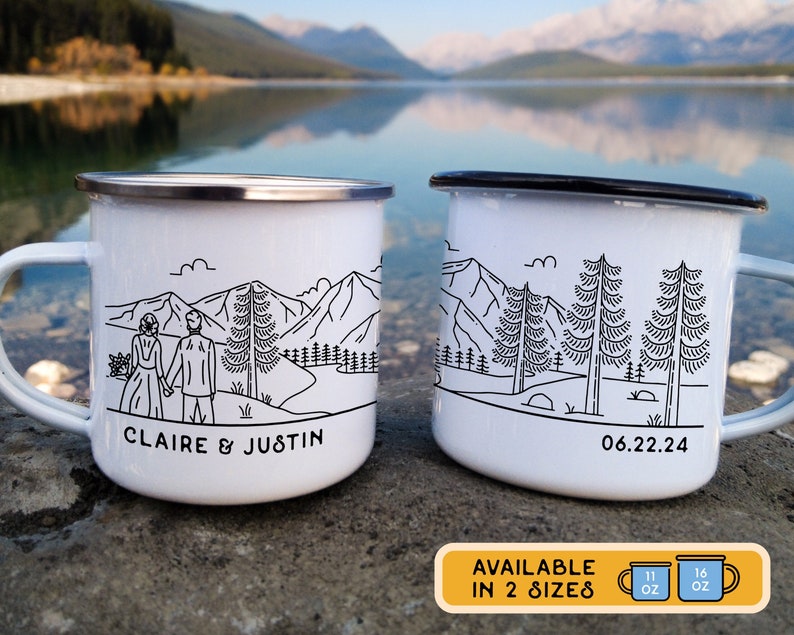 Personalized Wedding Gift, Bride & Groom Mountain Romantic Enamel Mug, Unique Engagement Newlywed Anniversary Present for Outdoorsy Couple