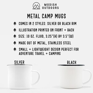 May include: Two white enamel camping mugs with black or silver rims. The mugs are 10 ounces and made of stainless steel. The text "MODISH OUTDOORS" and "METAL CAMP MUGS" is at the top of the image. The text "SILVER" and "BLACK" is below the mugs.
