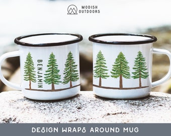 Personalised PNW Forest Camping Gift, Custom Hiking Enamel Camp Mug, Unique Outdoor Gift Father's Day Evergreen Pine Tree