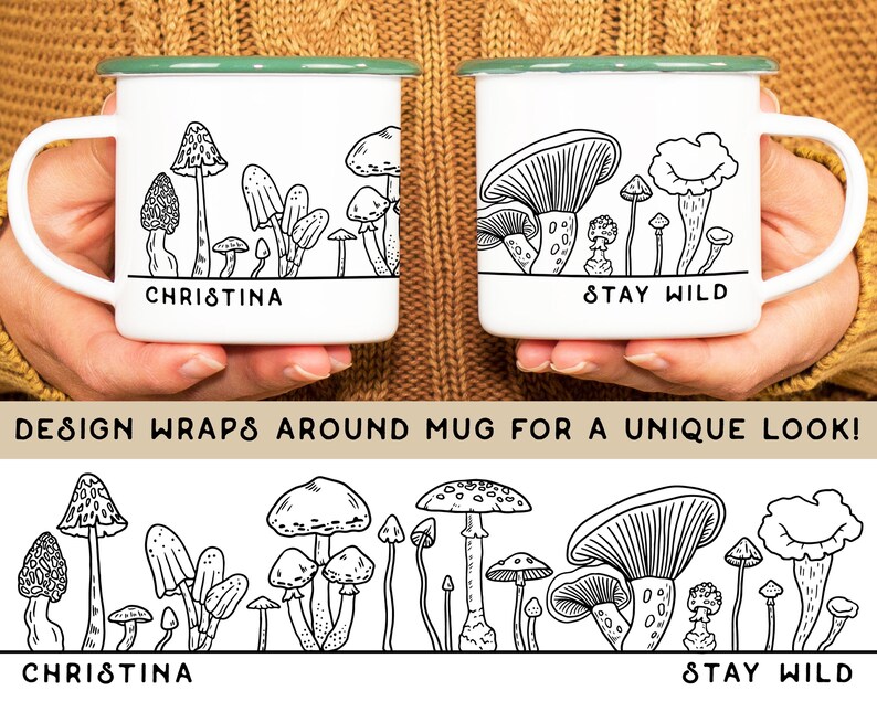 May include: Two white enamel mugs with black line drawings of mushrooms and the text "CHRISTINA" and "STAY WILD". The mugs are held by hands against a brown sweater background. Below the mugs is a design wrap of the same mushroom drawings.