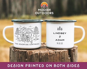 Personalized Hiking Couple with Dog Gift, Custom Hiker Dog Lovers Enamel Camp Mug, Unique Outdoor Camping Gifts for Dog Mom Dad Couples