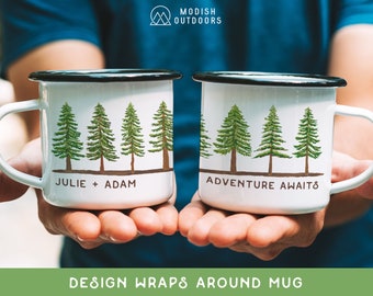 Personalised Mountain Forest Wedding Engagement Gift, Rustic Hiking Camping Enamel Coffee Mug, Evergreen Pine Tree Custom Outdooor Couple