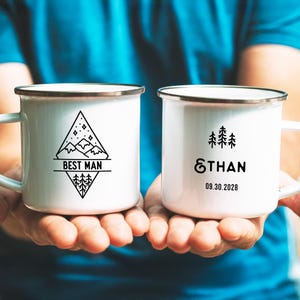 Groomsmen Gift, Best Man Groomsman Groom Camp Mug, Wedding Bridal Party Mountain Trees Adventure Campfire Enamel Cup