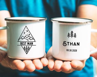 Groomsmen Gift, Best Man Groomsman Groom Camp Mug, Wedding Bridal Party Mountain Trees Adventure Campfire Enamel Cup