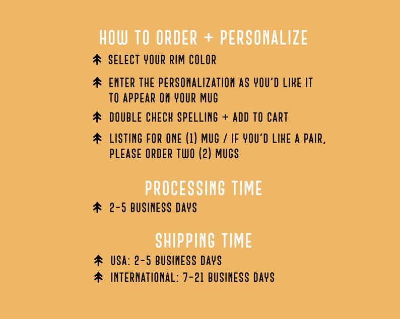 May include: A yellow background with black text outlining how to order and personalize a mug. The text includes instructions for selecting a rim color, entering personalization, double checking spelling, and adding to cart. It also includes information about processing and shipping times.