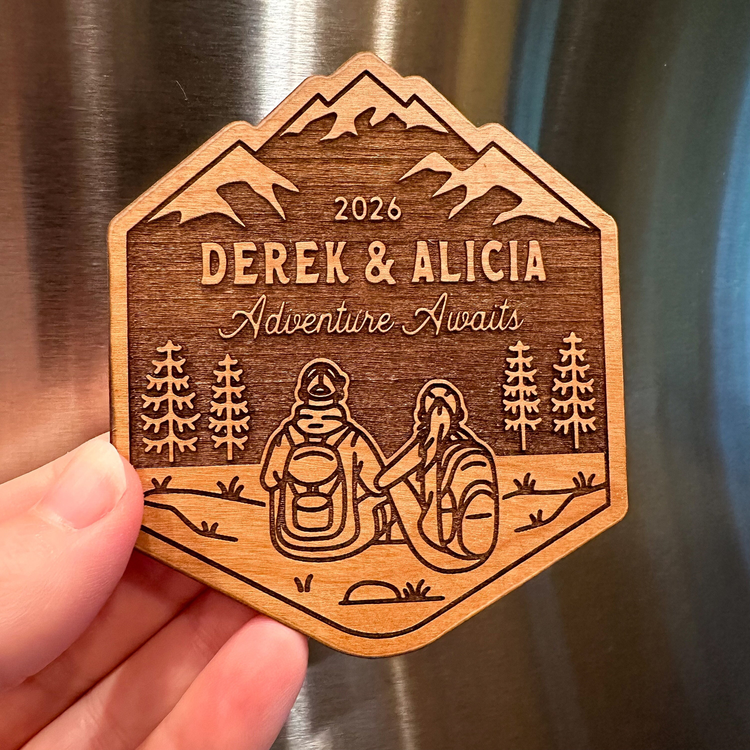 Personalized Hiking Couple Wood Magnet, National Park Couples Gift, Unique Custom Outdoors Gifts Hikers, Backpackers, Happy Camper, Newlywed
