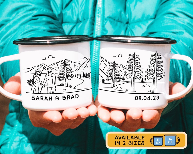 Personalized Wedding Gift Mountain Enamel Mug, Engagement Newlywed Anniversary Gift, Unique Elopement Camping Cup, Custom Couples Valentines image 1