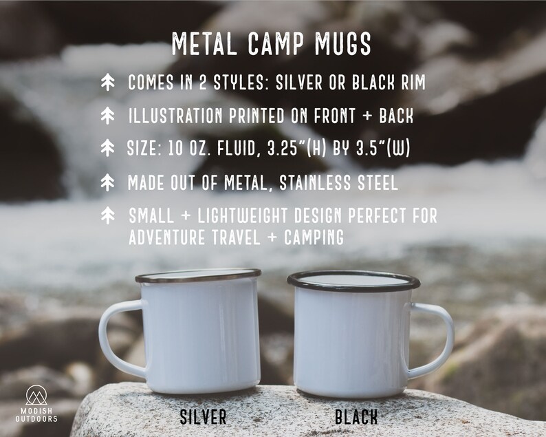 May include: Two white metal camp mugs with a silver and black rim. The mugs are 3.25 inches high and 3.5 inches wide, made of stainless steel. The text on the image says "METAL CAMP MUGS" and "SILVER" and "BLACK".