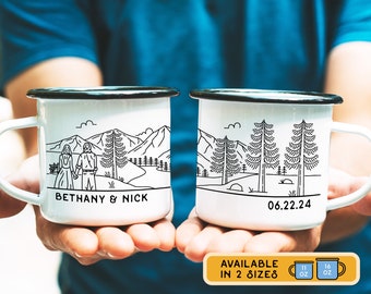 Custom Romantic Mountain Wedding Couple Gift, Elopement Engagement Anniversary Enamel Camp Mug, Unique Rustic Present for Outdoorsy Couples