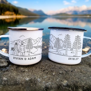 Personalized Wedding Gift, Bride & Groom Mountain Romantic Enamel Mug, Unique Engagement Newlywed Anniversary Present for Outdoorsy Couple