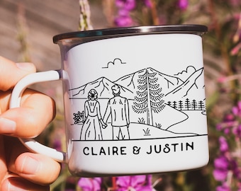 Bride & Groom Mountain Wedding Gift, Personalized Romantic Enamel Mug, Novelty Engagement Newlywed Anniversary Present for Outdoor Lovers