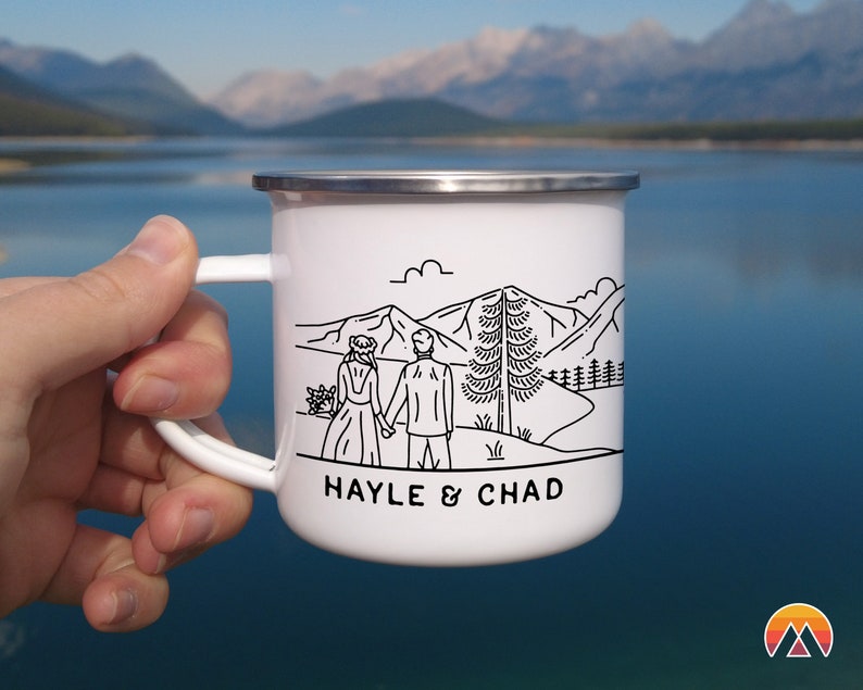 Personalized Wedding Gift Mountain Enamel Mug, Engagement Newlywed Anniversary Gift, Unique Elopement Camping Cup, Custom Couples Valentines image 5