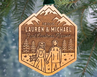 First Christmas Married Ornament, Personalized Wedding Gift, Custom Outdoor Couple Xmas 2024 Keepsake, Unique Wood Engraved Newlywed Gifts