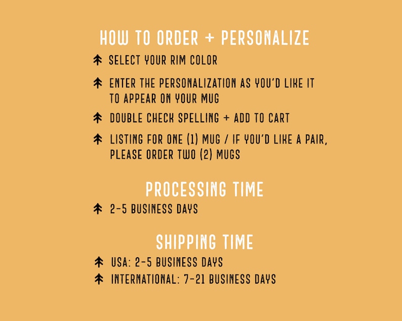 May include: An image on a tan background with white text detailing how to order and personalize a mug. Instructions include selecting a rim color, entering personalization, double-checking spelling, and adding to cart. It also mentions processing and shipping times.