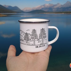 Personalized Wedding Gift Mountain Enamel Mug, Engagement Newlywed Anniversary Gift, Unique Elopement Camping Cup, Custom Couples Valentines image 6