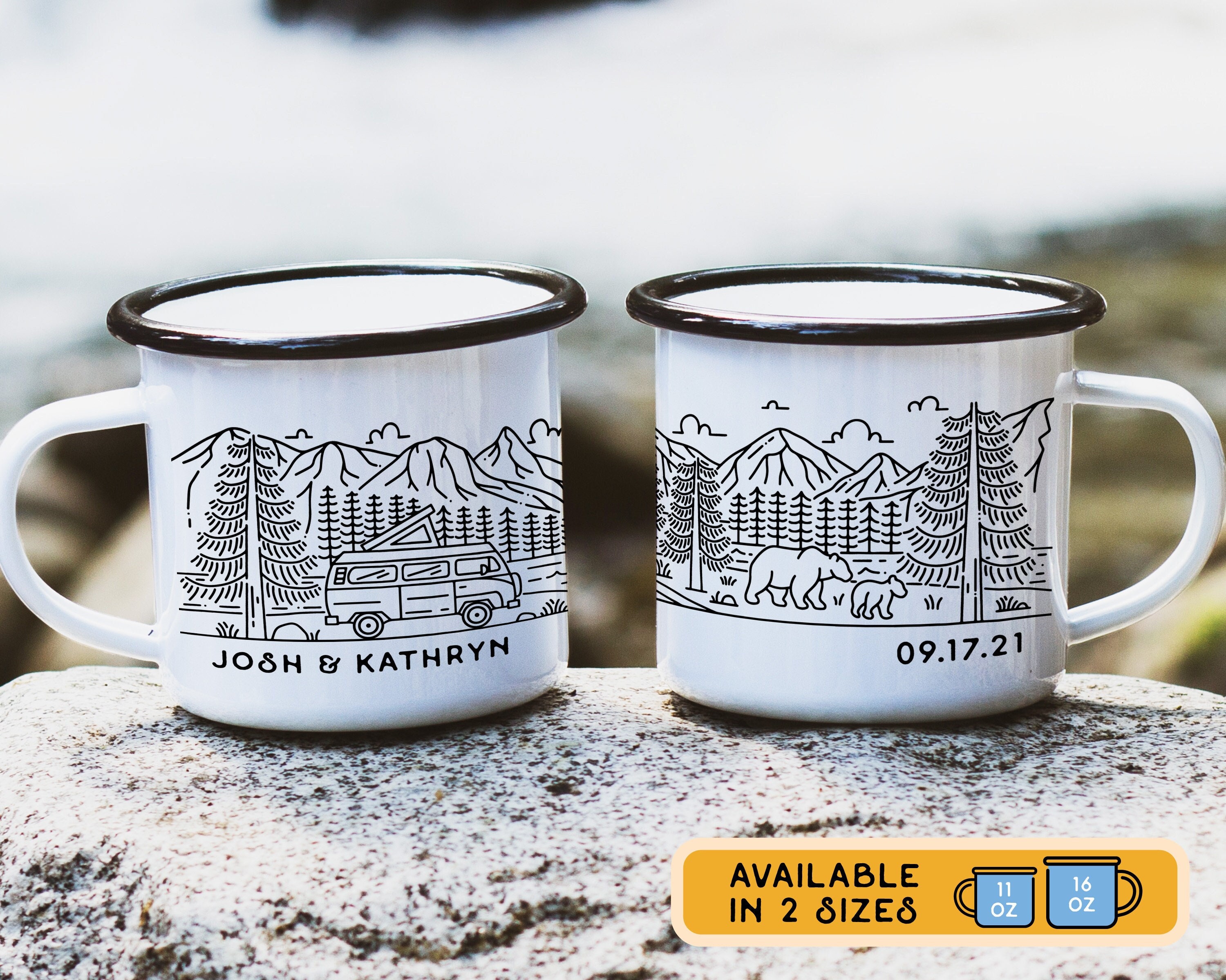 Personalized Camper Van Enamel Mug, Retro Campervan Cup for Camping Road Trip Adventure, Fun Unique Custom Vanlife Gift for Outdoorsy People