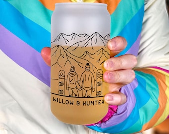 Personalized Snowboarding Tumbler, Custom Couples Snowboarder Gift, Ski Resort Glass Coffee Cup, Winter Sports Gifts, Frosted Beer Can Glass