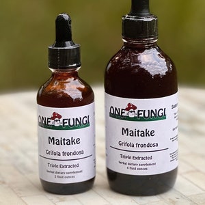 May include: Two glass bottles of Maitake mushroom extract, one 2 fluid ounce bottle and one 4 fluid ounce bottle. Both bottles are labeled "ONE FUNGI Maitake Grifola frondosa Triple Extracted herbal dietary supplement".