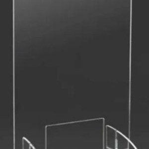 May include: A clear acrylic sneeze guard with a rectangular opening in the middle. The guard has two curved bases for stability.