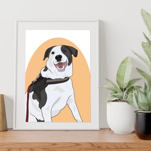 Puede incluir: Una ilustraci&oacute;n digital de un perro blanco y negro con una correa roja, sentado sobre un fondo de color melocot&oacute;n.