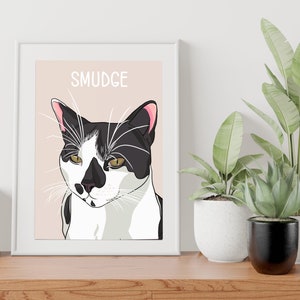 Puede incluir: Una ilustraci&oacute;n enmarcada de un gato blanco y negro con el nombre "SMUDGE" impreso sobre el gato.