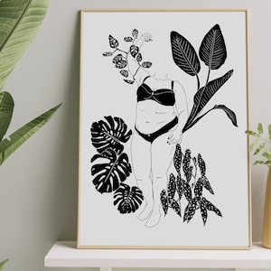 Plant Lover Plus Size Body Positive Art Print, A4 A5, Self Love Art, Line Drawing, Confidence, Houseplant Mum Gift