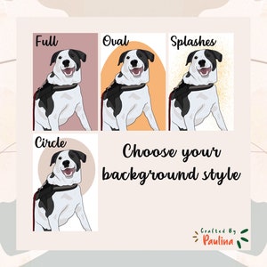 Puede incluir: Cuatro estilos de fondo diferentes para un retrato de mascota: completo, ovalado, salpicaduras y c&iacute;rculo. Cada estilo presenta un perro blanco y negro con una correa roja. El texto "Elige tu estilo de fondo" est&aacute; debajo de las im&aacute;genes. El texto "Crafted By Paulina" est&aacute; en la parte inferior de la imagen.