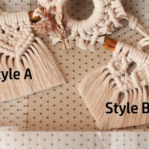 May include: Two handmade macrame ornaments with cinnamon sticks, one with a geometric pattern labeled "Style A" and the other with a circular pattern labeled "Style B".