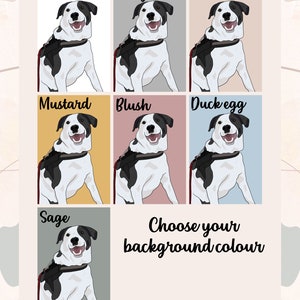 Puede incluir: Una ilustraci&oacute;n digital de un perro blanco y negro con una correa roja. El perro se muestra sobre nueve fondos de colores diferentes: blanco, gris, nude, mostaza, rubor, huevo de pato, salvia, azul claro y rosa claro. El texto "Elige tu color de fondo" est&aacute; debajo de las im&aacute;genes del perro. El texto "Crafted By Paulina" est&aacute; en la parte inferior de la imagen.