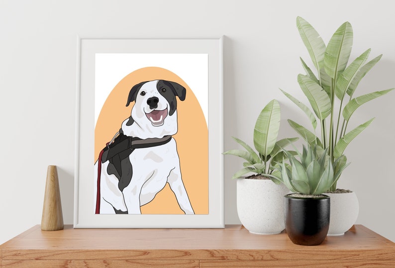 Puede incluir: Una ilustraci&oacute;n digital de un perro blanco y negro con una correa roja, sentado sobre un fondo de color melocot&oacute;n.